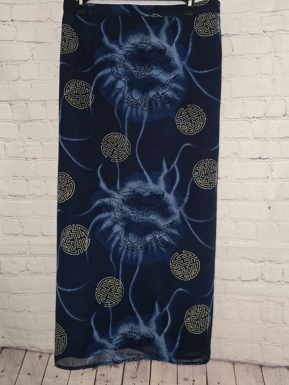 Vintage 90s Asian dynasty, electric blue dragon motif column skirt Sz 20